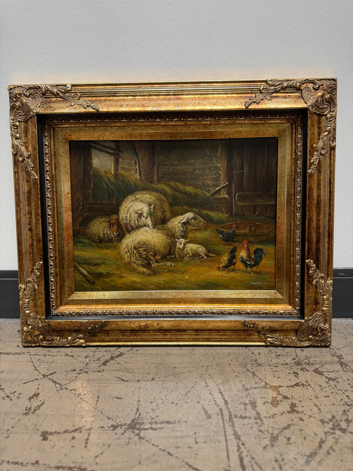 Sheep & Chickens Original Oil Painting