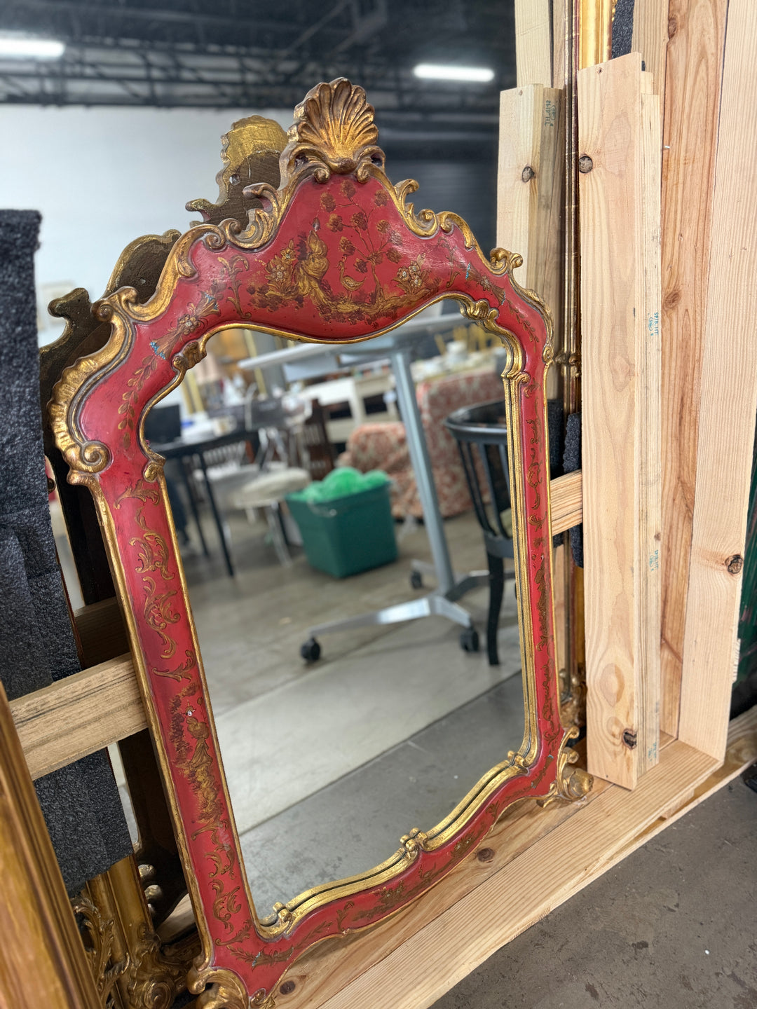 20th Century Hand Carved Gilt and Red Painted Mirror