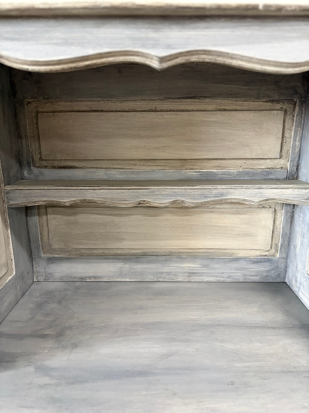 French Provincial Gray-Washed Wood Buffet with Hutch Top