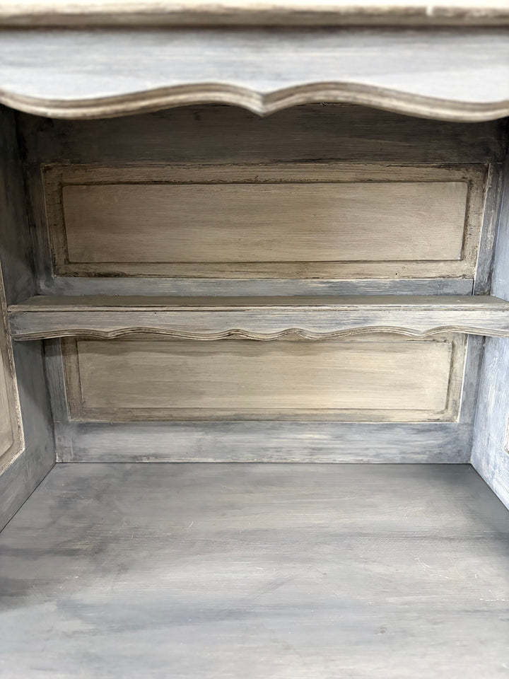 French Provincial Gray-Washed Wood Buffet with Hutch Top