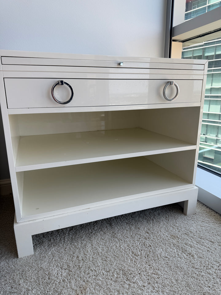 White Lacquered Nightstand with Ring Pulls and Open Shelves