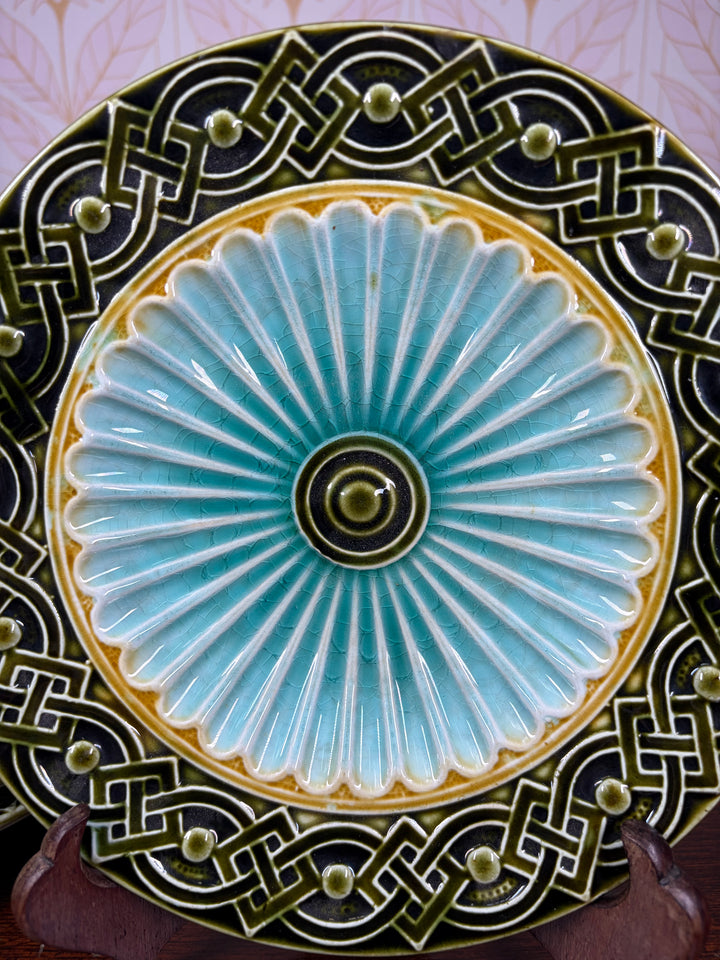 Set of Three Majolica-Style Ceramic Plates with Celtic Knotwork Border
