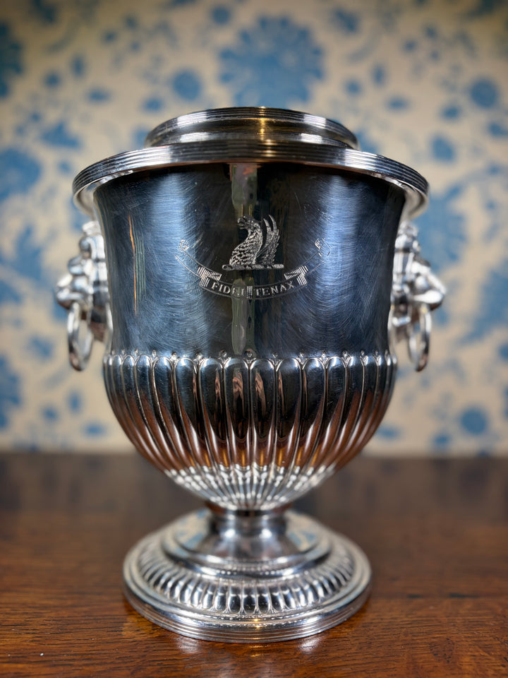 Vintage Sheffield Silver Plate Champagne Bucket with Lion Handles "Fidei Tenax"