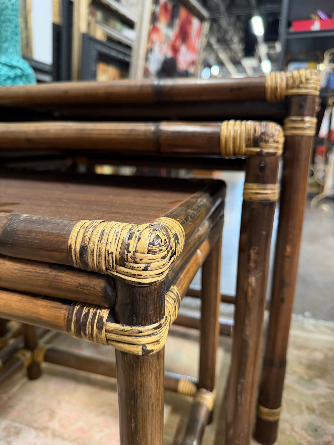 3 Vintage Wood and Rattan Nesting Tables