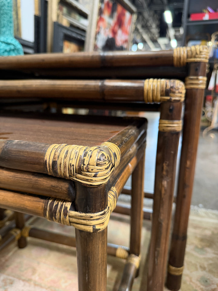 3 Vintage Wood and Rattan Nesting Tables