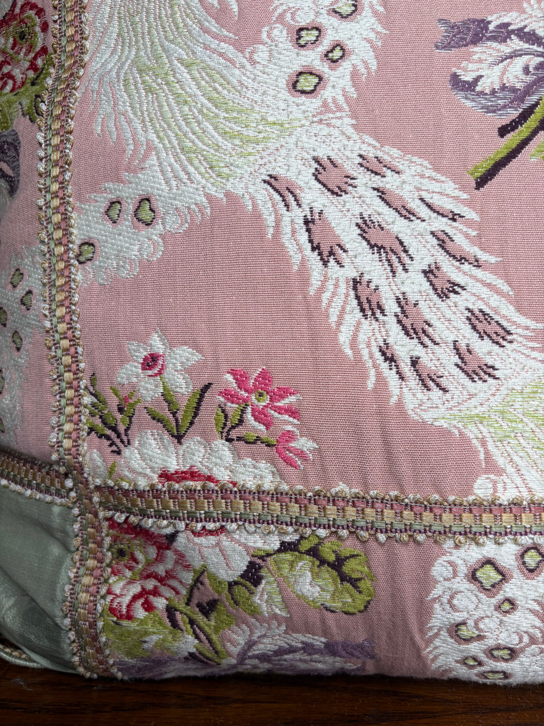 Pink & Green Floral Brocade Decorative Pillow with Corner Bows