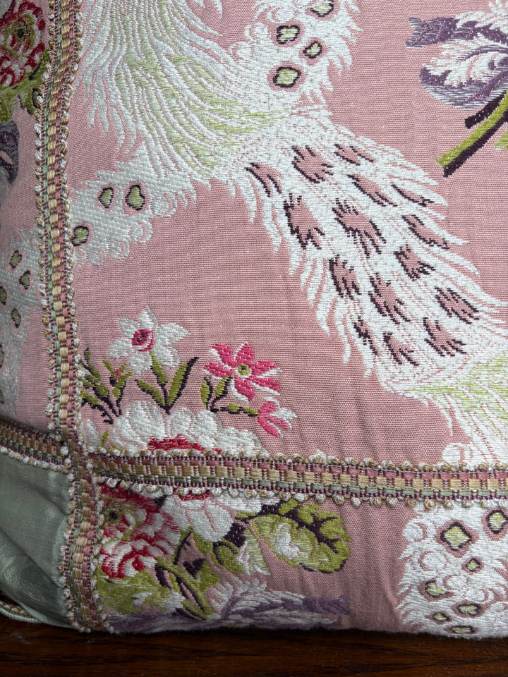 Pink & Green Floral Brocade Decorative Pillow with Corner Bows