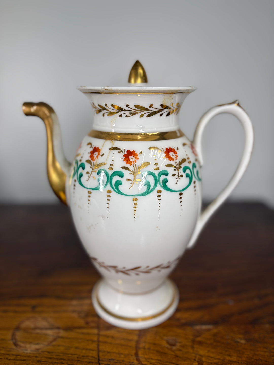 Antique Porcelain Tea/Coffee Service Set with Green Scrollwork & Gilt Decoration