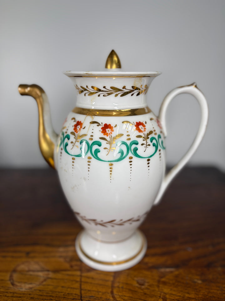 Antique Porcelain Tea/Coffee Service Set with Green Scrollwork & Gilt Decoration