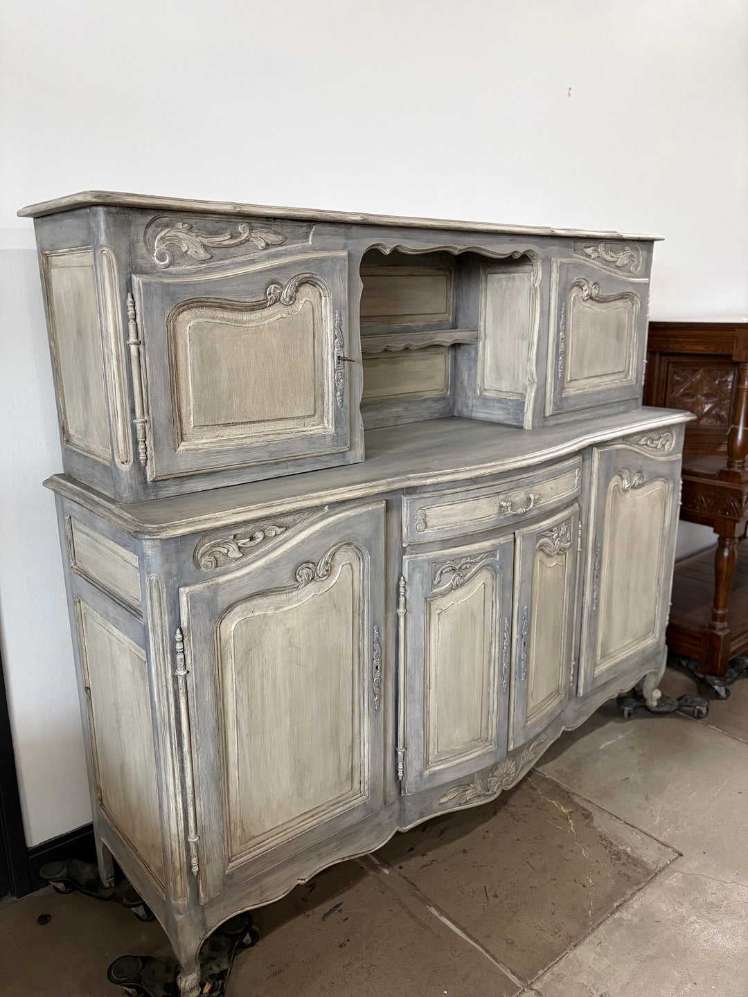 French Provincial Gray-Washed Wood Buffet with Hutch Top