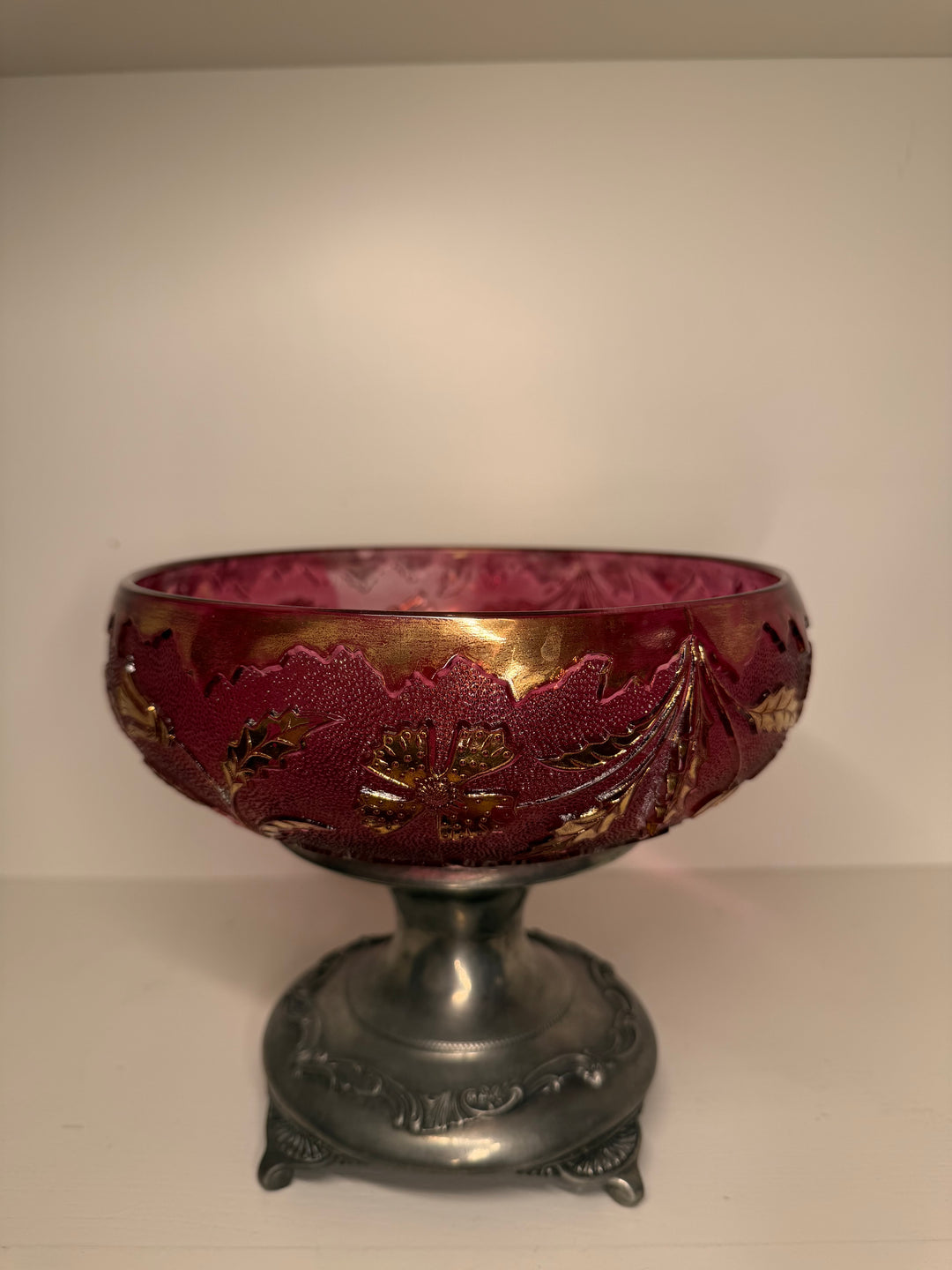 Cranberry and Gold Hand Painted Glass Bowl