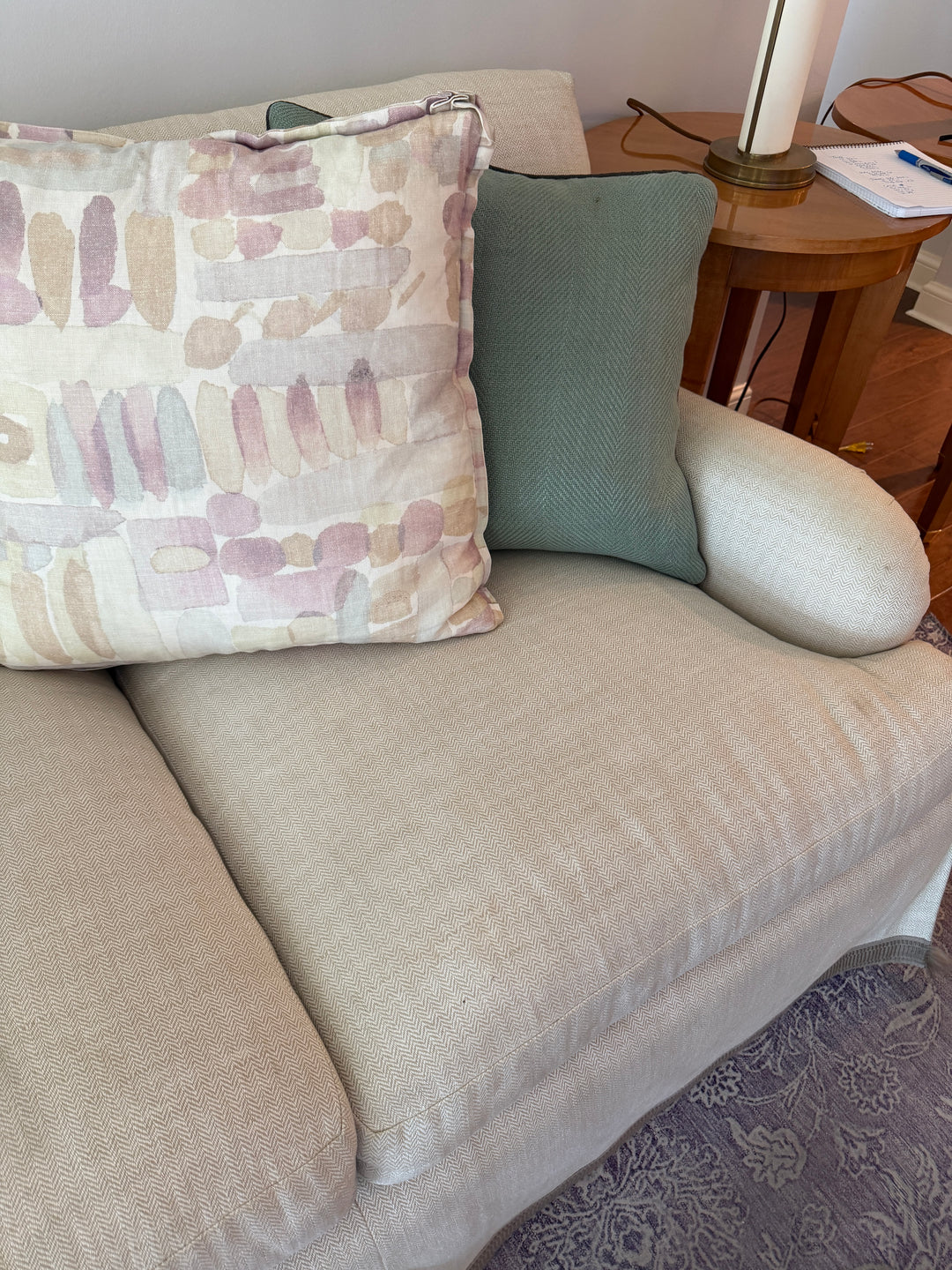 Three-Seat Skirted Sofa in Cream Woven Fabric
