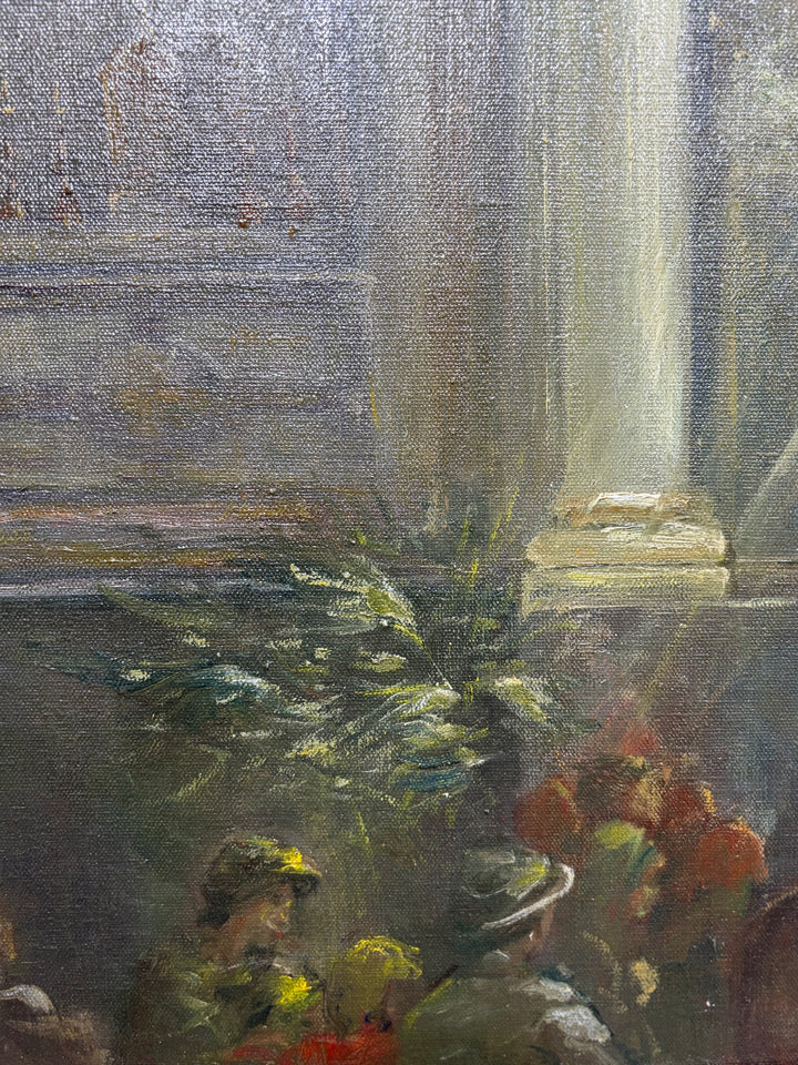 Framed Oil Painting of Church Interior with Columns