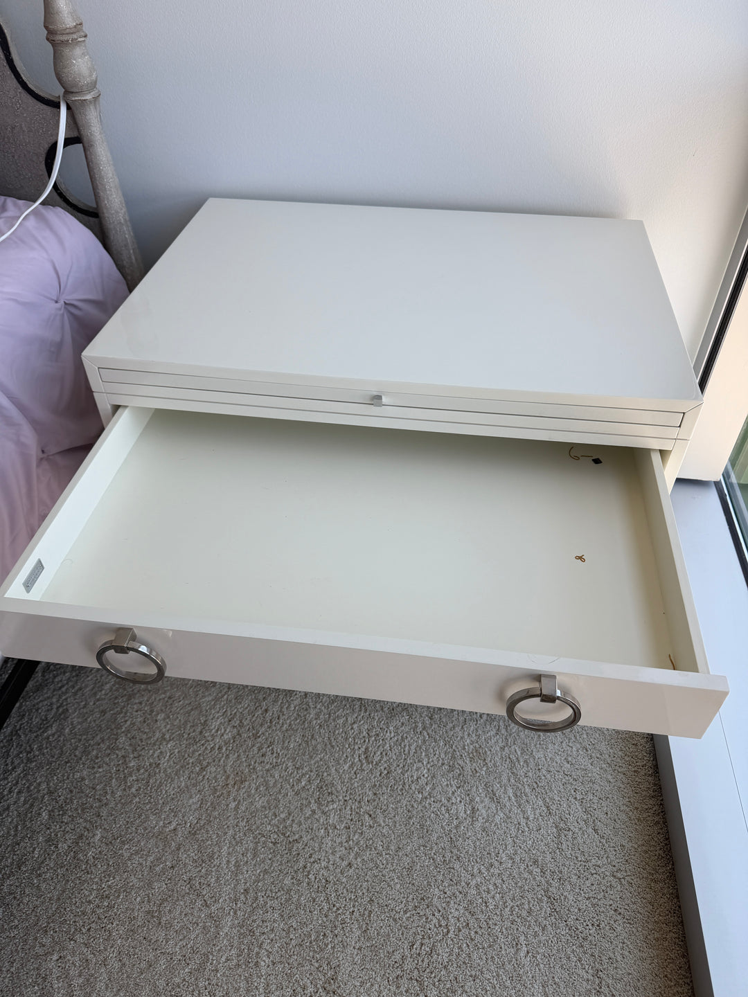 White Lacquered Nightstand with Ring Pulls and Open Shelves