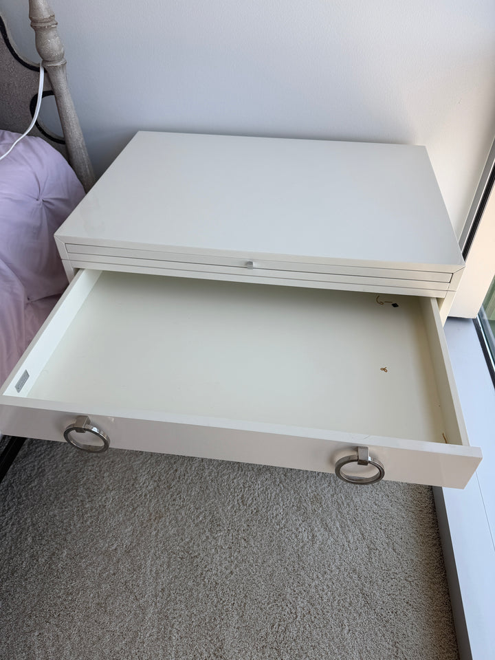White Lacquered Nightstand with Ring Pulls and Open Shelves