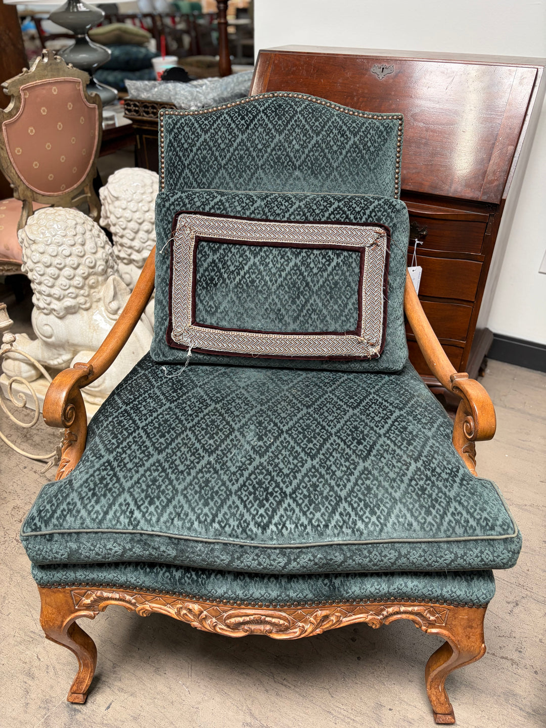 Pair of French Provincial Carved Walnut Armchairs with Teal Velvet Upholstery