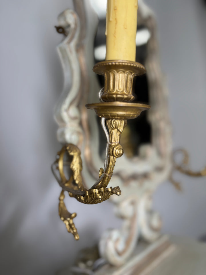 Baroque-Style Vanity Mirror with Candelabra Arms and Jewelry Box Base