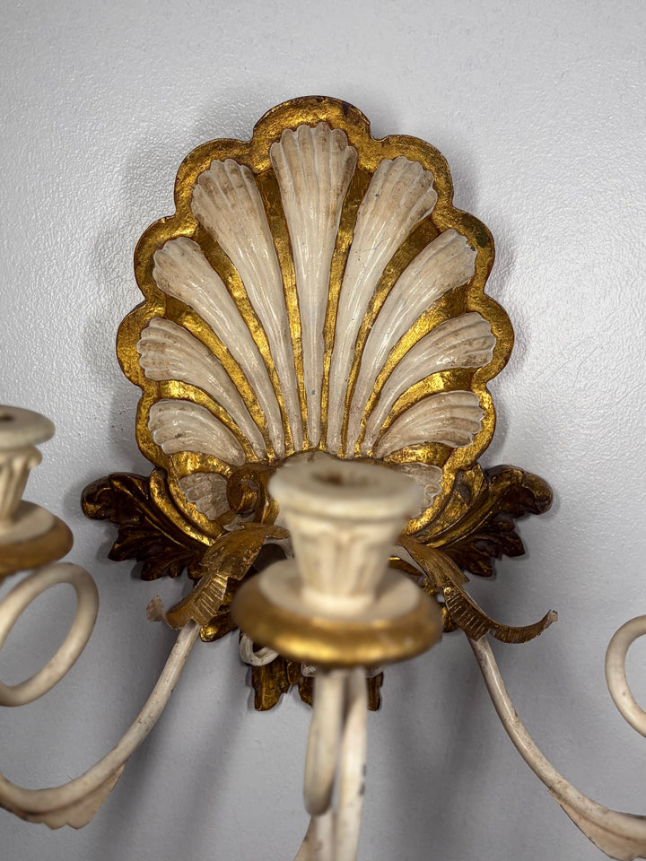 Antiqued Painted & Gilded Gold 3-Candle Wall Sconces