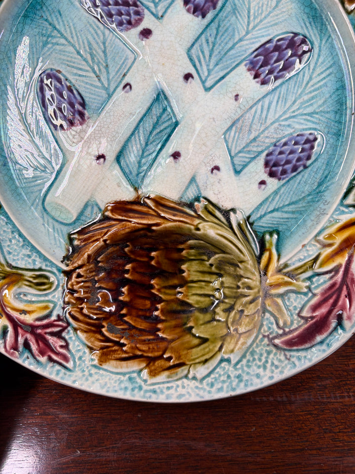 Majolica Asparagus and Artichoke Plate with Sauce Well