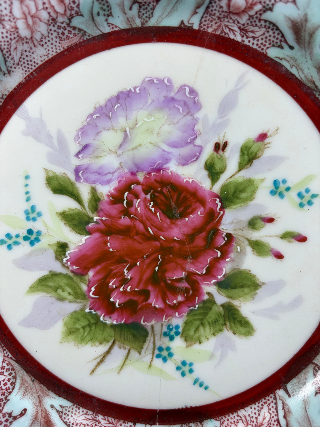 Floral Transferware Decorative Wall Plate with Hand-Painted Rose Center