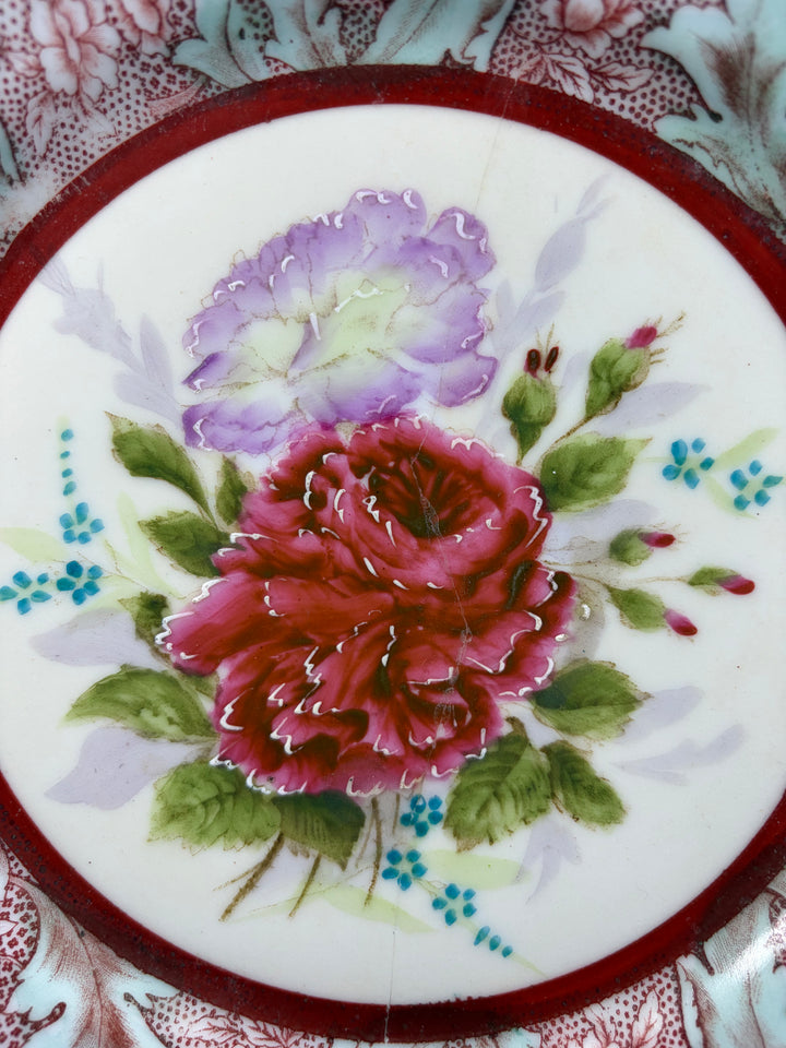 Floral Transferware Decorative Wall Plate with Hand-Painted Rose Center