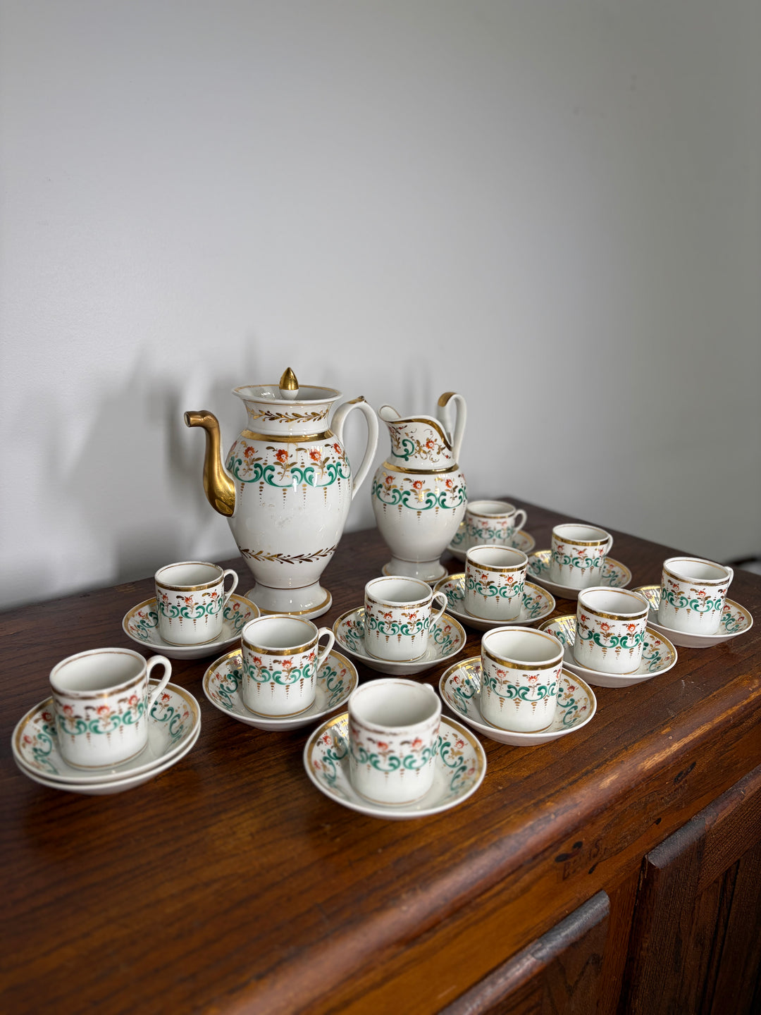 Antique Porcelain Tea/Coffee Service Set with Green Scrollwork & Gilt Decoration
