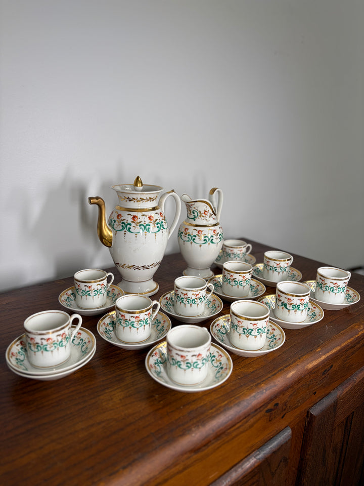 Antique Porcelain Tea/Coffee Service Set with Green Scrollwork & Gilt Decoration