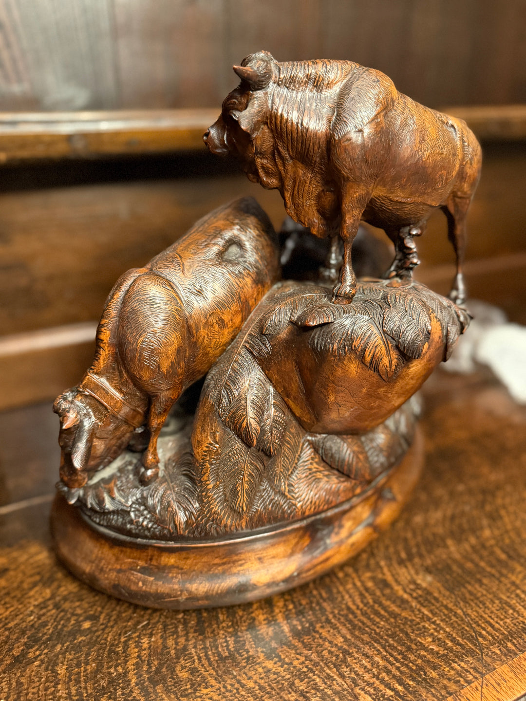 Pair of Black Forest Sculptures of Cattle Attributed to Johann Huggler of Brienz