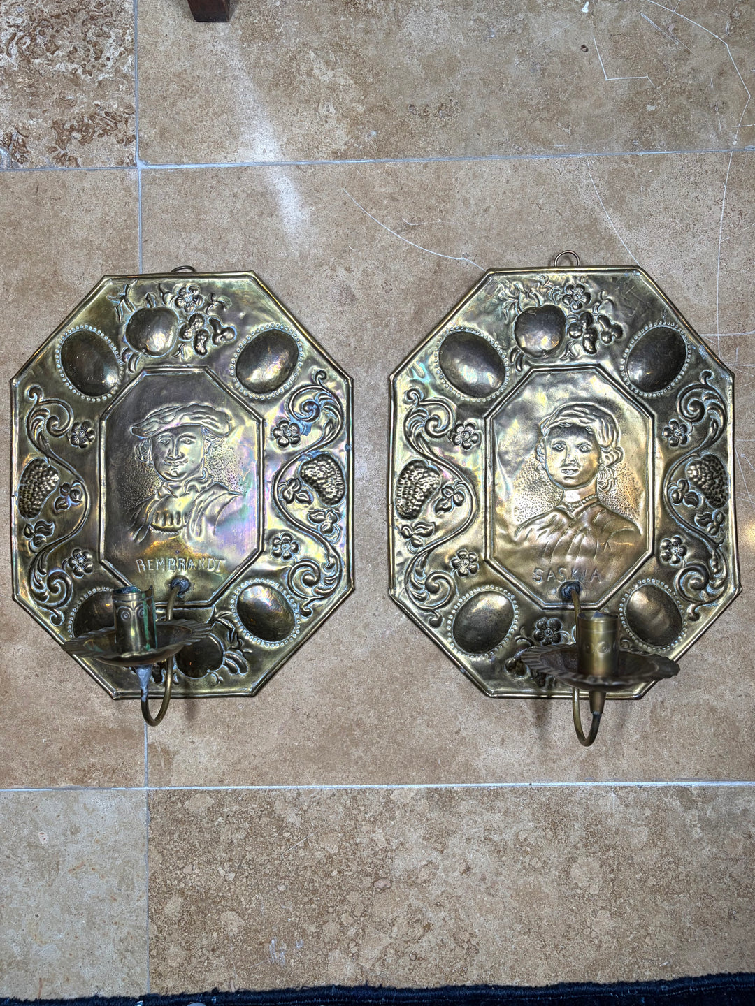 2 Brass Wall Sconces engraved "Rembrandt"