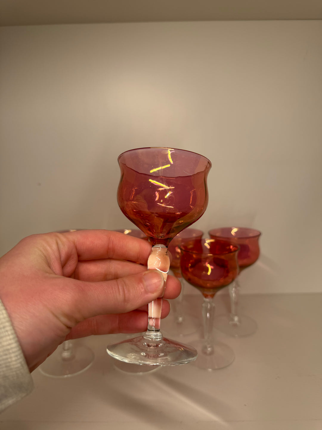 Vintage Cranberry Iridescent Glass Coupes - Set of 8