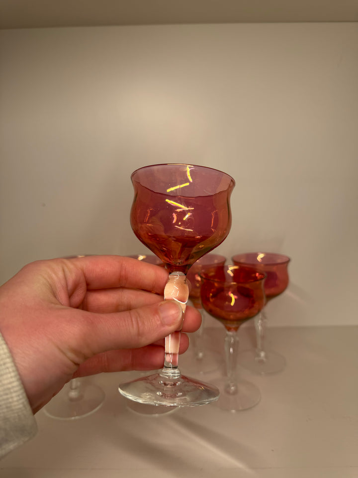 Vintage Cranberry Iridescent Glass Coupes - Set of 8