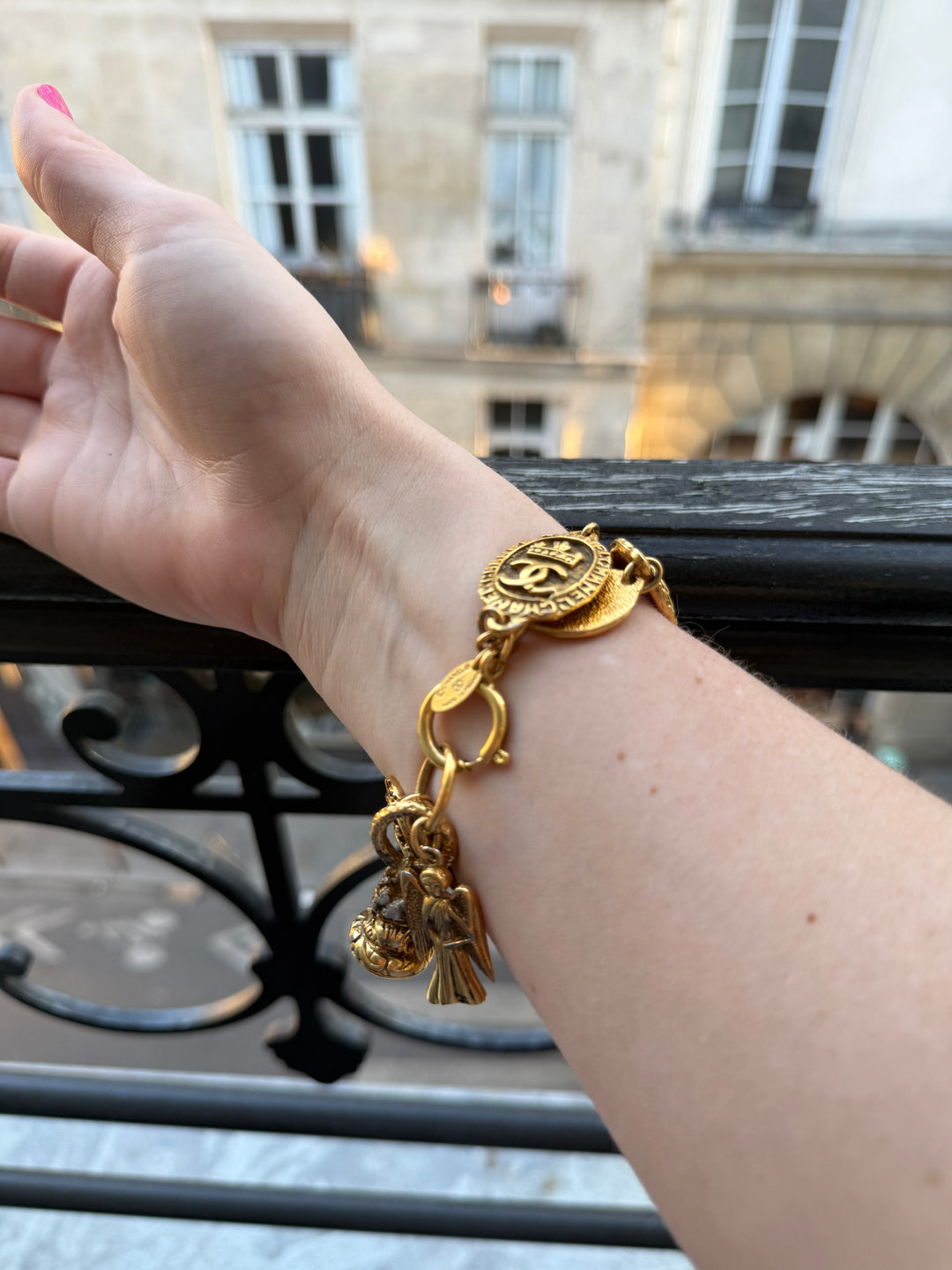 1990s Vintage CC Crown Chanel Bracelet with Angel and CC Charm - 24K Gold (Patina - Mainly on Charms)