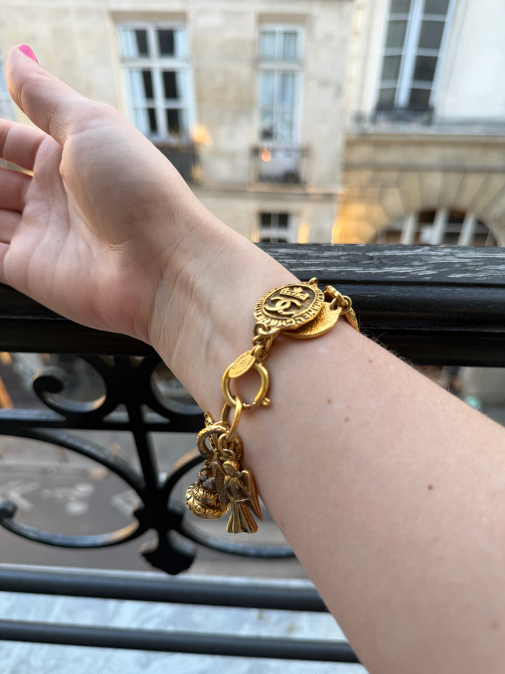 1990s Vintage CC Crown Chanel Bracelet with Angel and CC Charm - 24K Gold (Patina - Mainly on Charms)