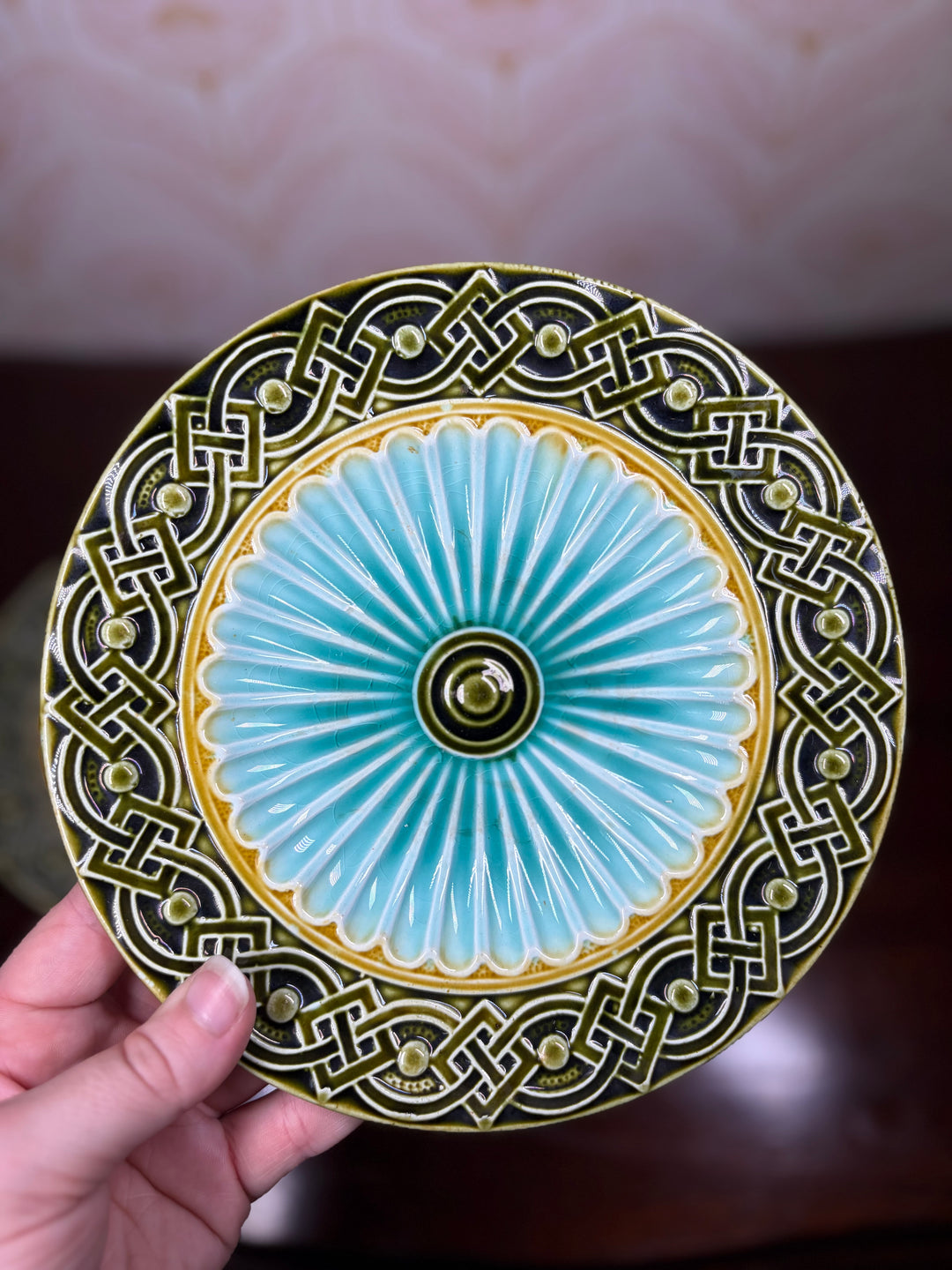 Set of Three Majolica-Style Ceramic Plates with Celtic Knotwork Border