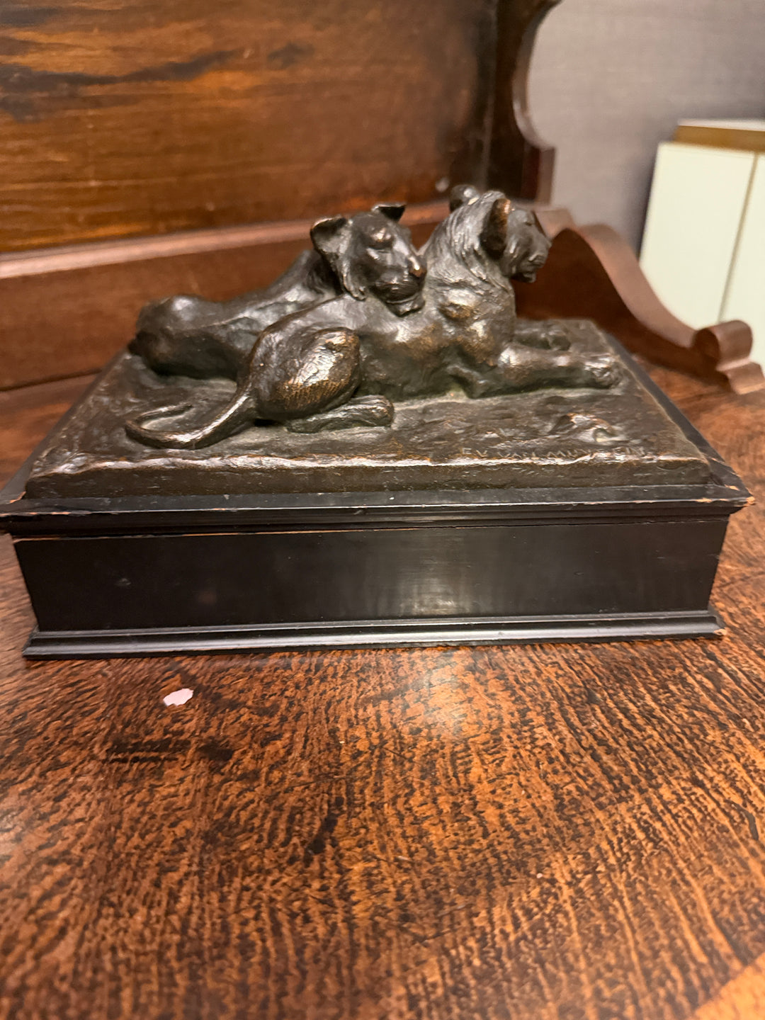Bronze Sculpture of Lion Cubs by E.V. Van Mundent & Signature