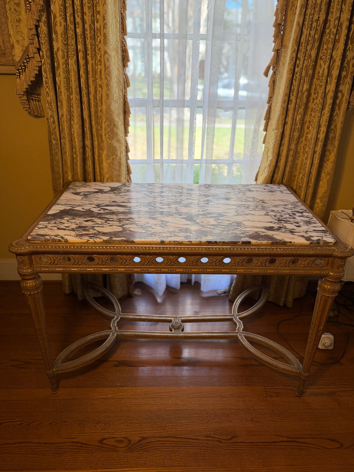 French Louis XVI Style Gilt Wood Marble Top Table