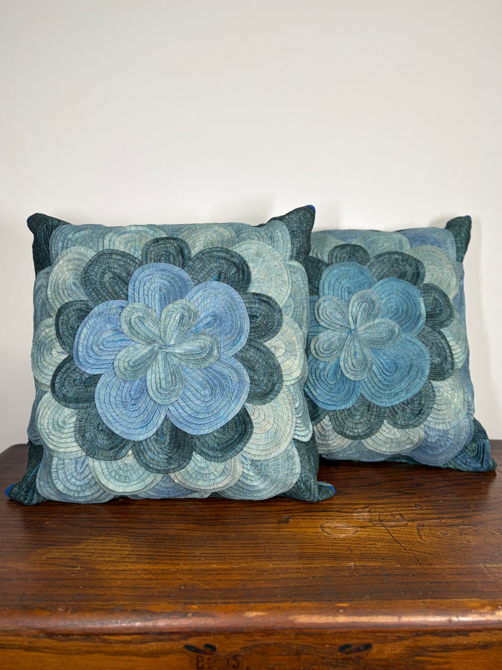 Pair of Blue Floral Embroidered Decorative Pillows