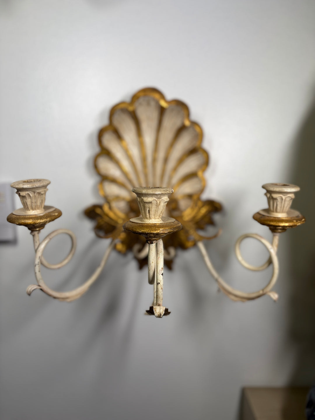 Antiqued Painted & Gilded Gold 3-Candle Wall Sconces