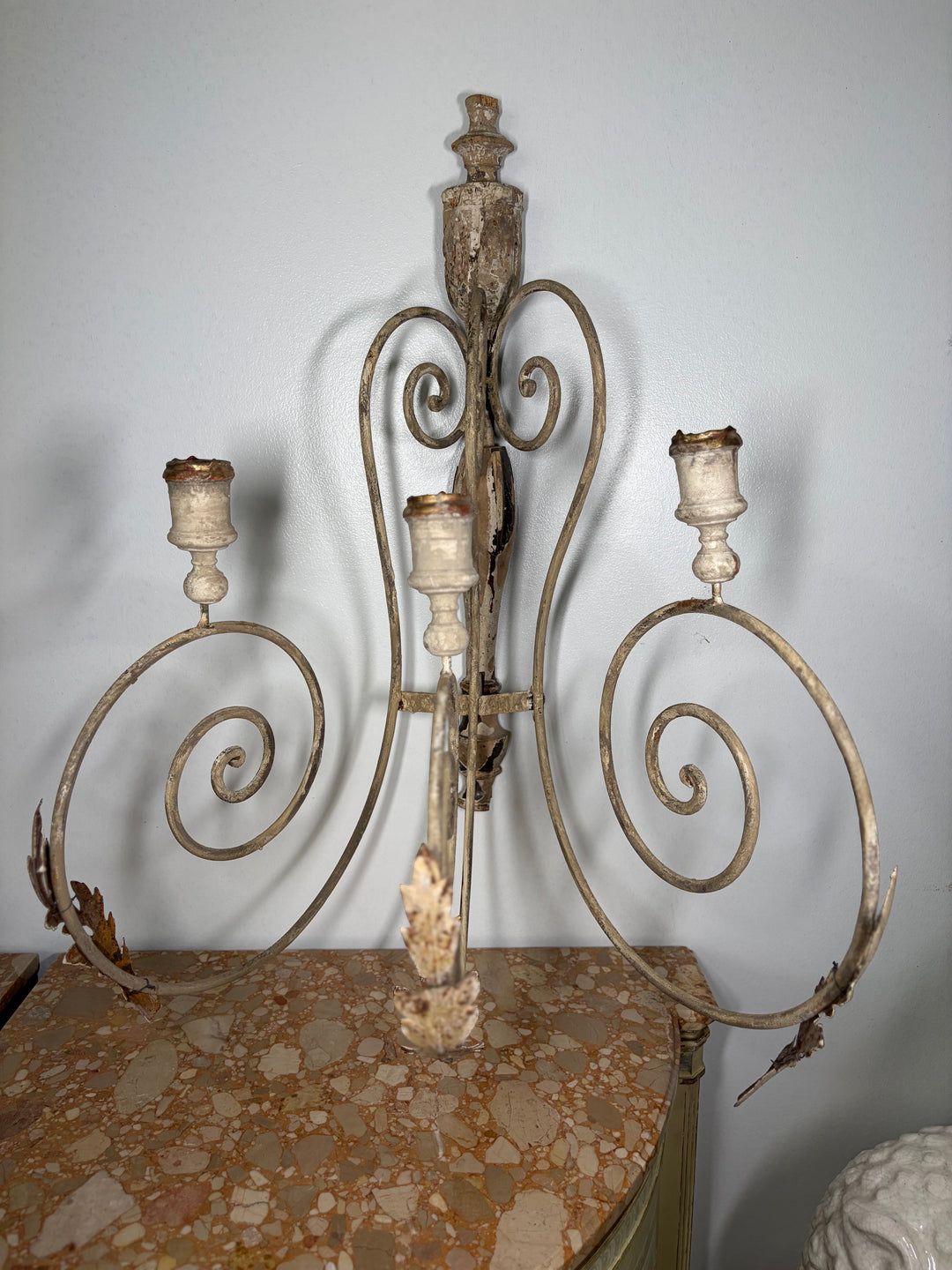 Pair of Painted Iron & Wood Three-Arm Wall Candle Sconces