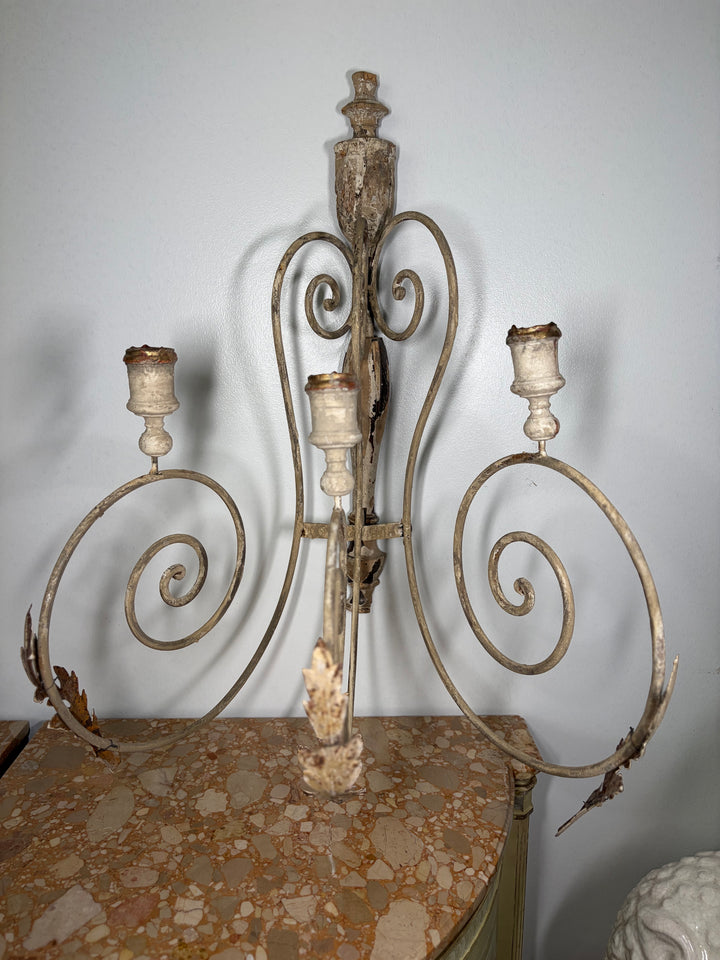 Pair of Painted Iron & Wood Three-Arm Wall Candle Sconces
