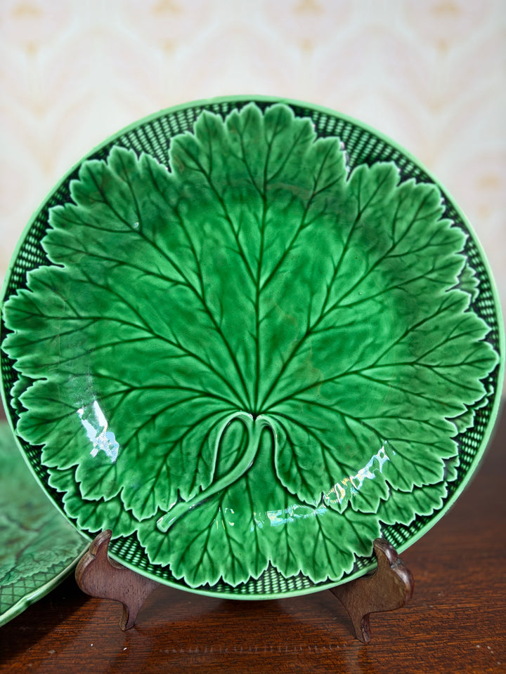 Pair of Green Majolica Leaf Pattern Plates