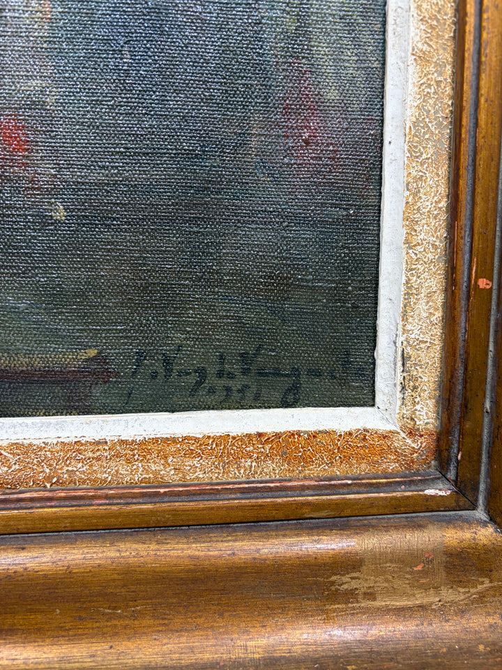 Framed Oil Painting of Church Interior with Columns