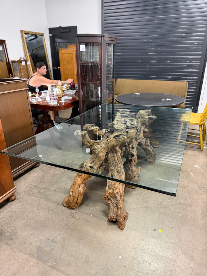 Vintage Glass-Topped Driftwood Coffee Table