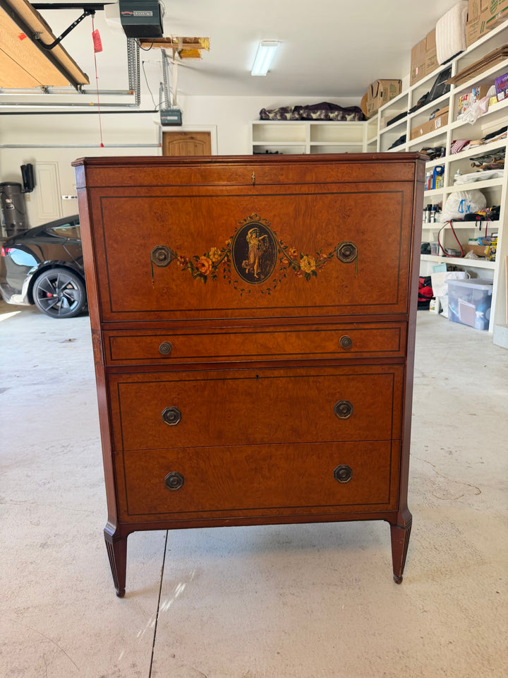 19th Century Hand-Painted Satin Wood Secretary Desk and Dresser