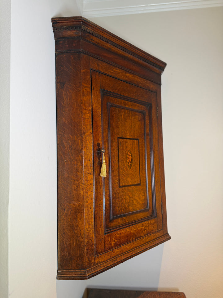 Georgian Oak Mahogany Inlaid Wall Hanging Corner Cupboard
