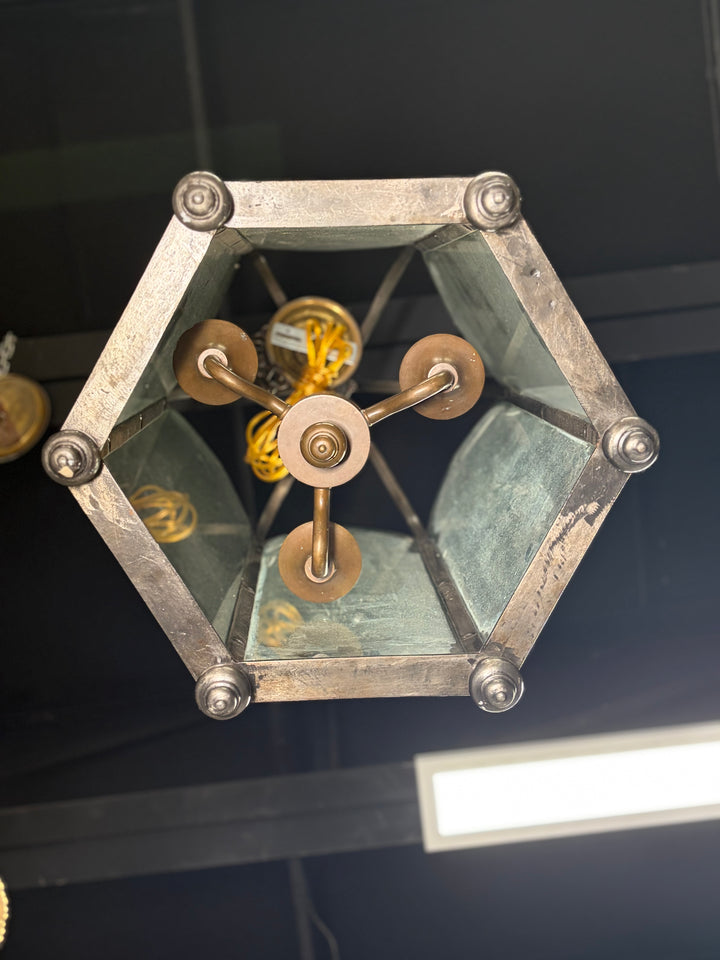 Large Gothic-Style Dark Metal and Glass Pendant Lantern Chandelier