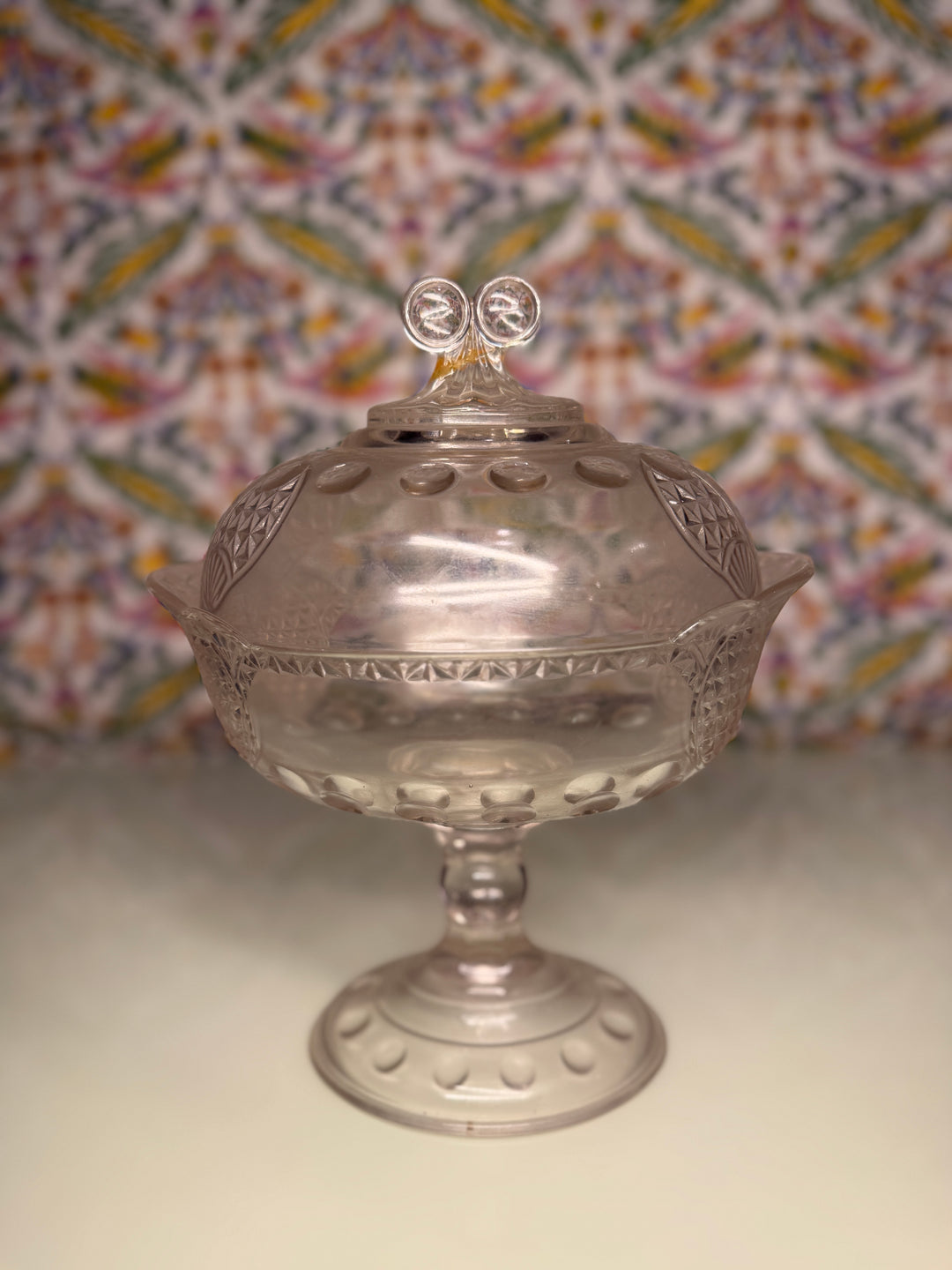 Pressed Glass Covered Compote with Bull's-Eye and Diamond Pattern