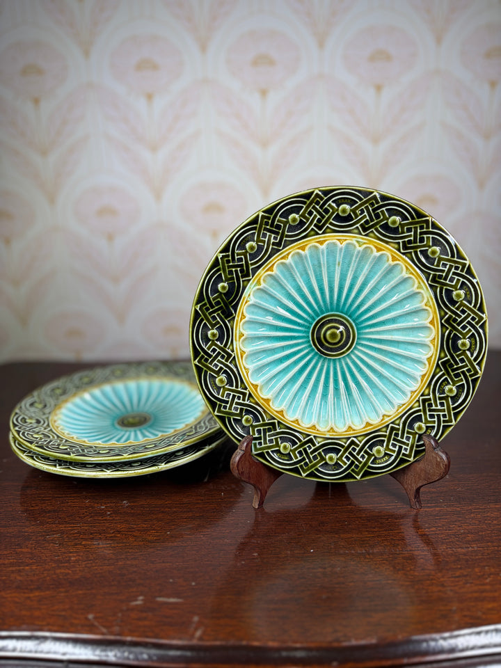 Set of Three Majolica-Style Ceramic Plates with Celtic Knotwork Border