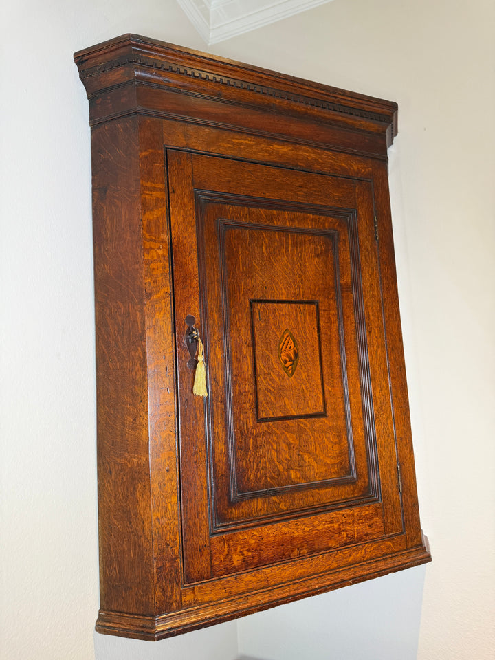 Georgian Oak Mahogany Inlaid Wall Hanging Corner Cupboard