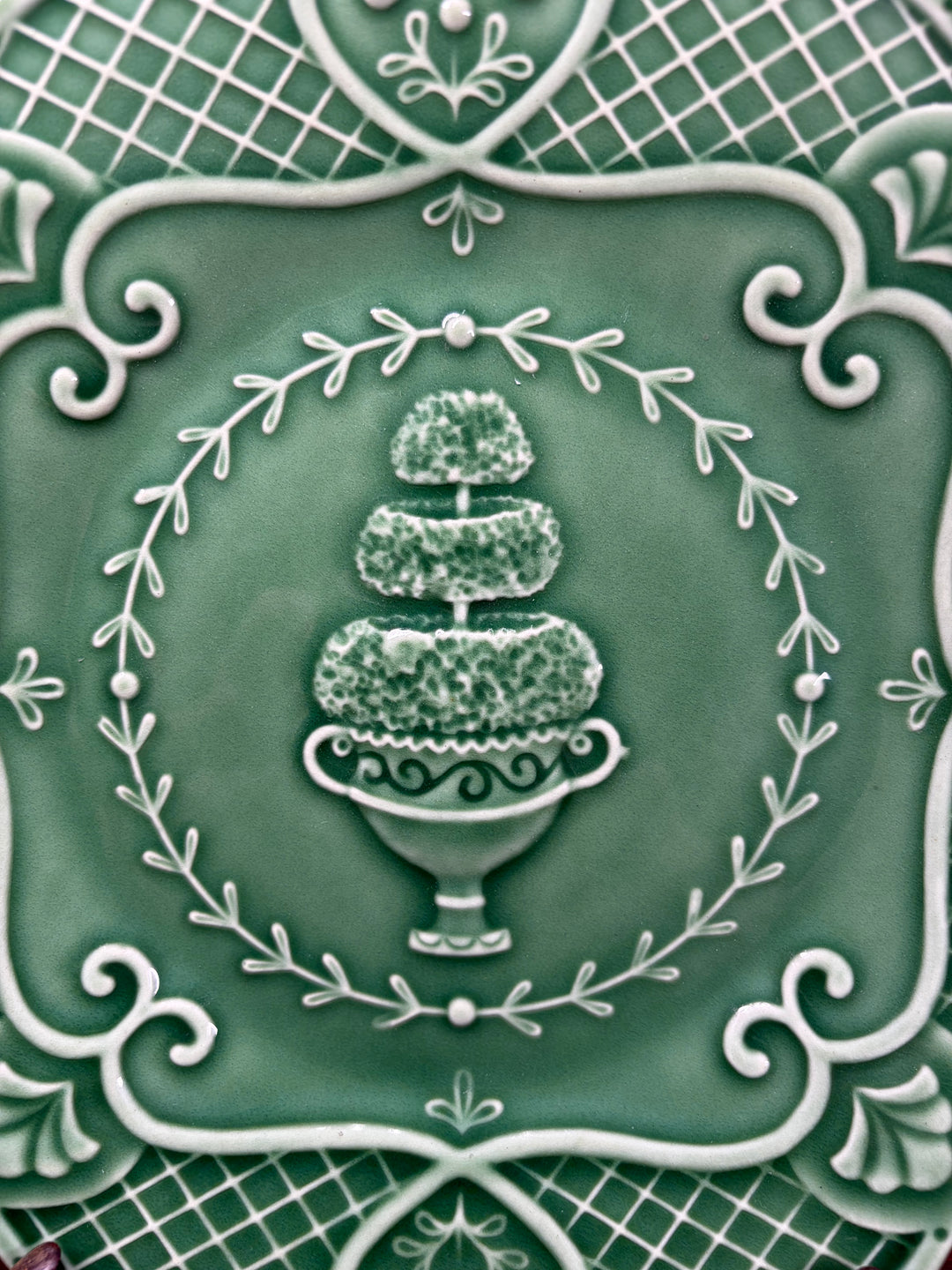 Green Hedgewood Glazed Ceramic Plate with Topiary Motif